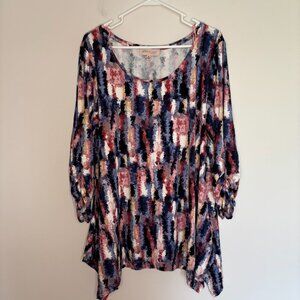 PHILOSOPHY Asymmetrical Tunic Womens XL Abstract Blue Pink 3/4 Rouched Sleeve